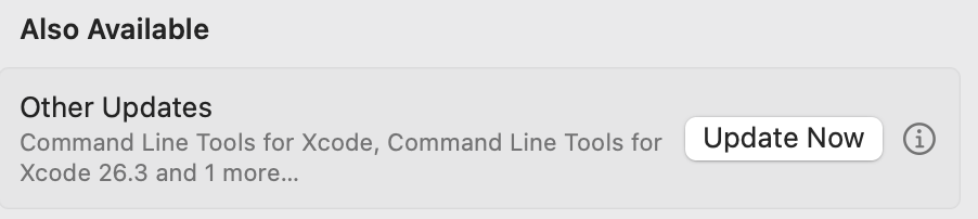 Zrzut ekranu pokazujący Also Available, a tam dwukrotnie "Command Line Tools for Xcode and 1 more..."